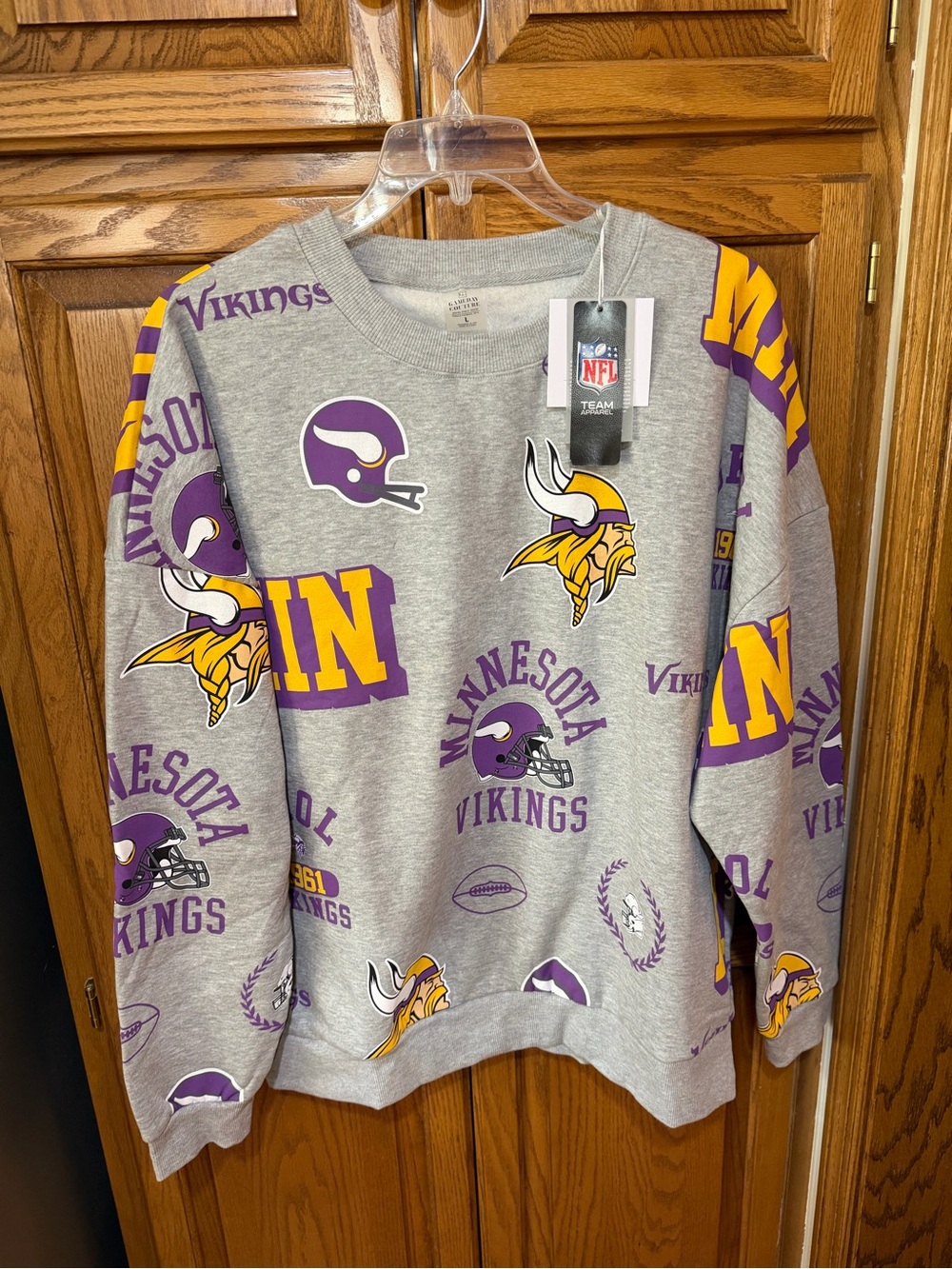 Minnesota Vikings Gray Crewneck Sweatshirt with Purple & Gold Team Logos